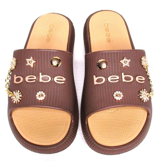 New BEBE Caprii Brown w/ Gold Embellishments Women Sz 8 Slides Sandals - Picture 2 of 8